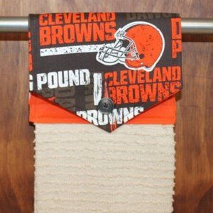 CLEVELAND BROWNS ORANGE HANDMADE HANGING KITCHEN HAND TOWEL TAN TERRYCLOTH TOWEL